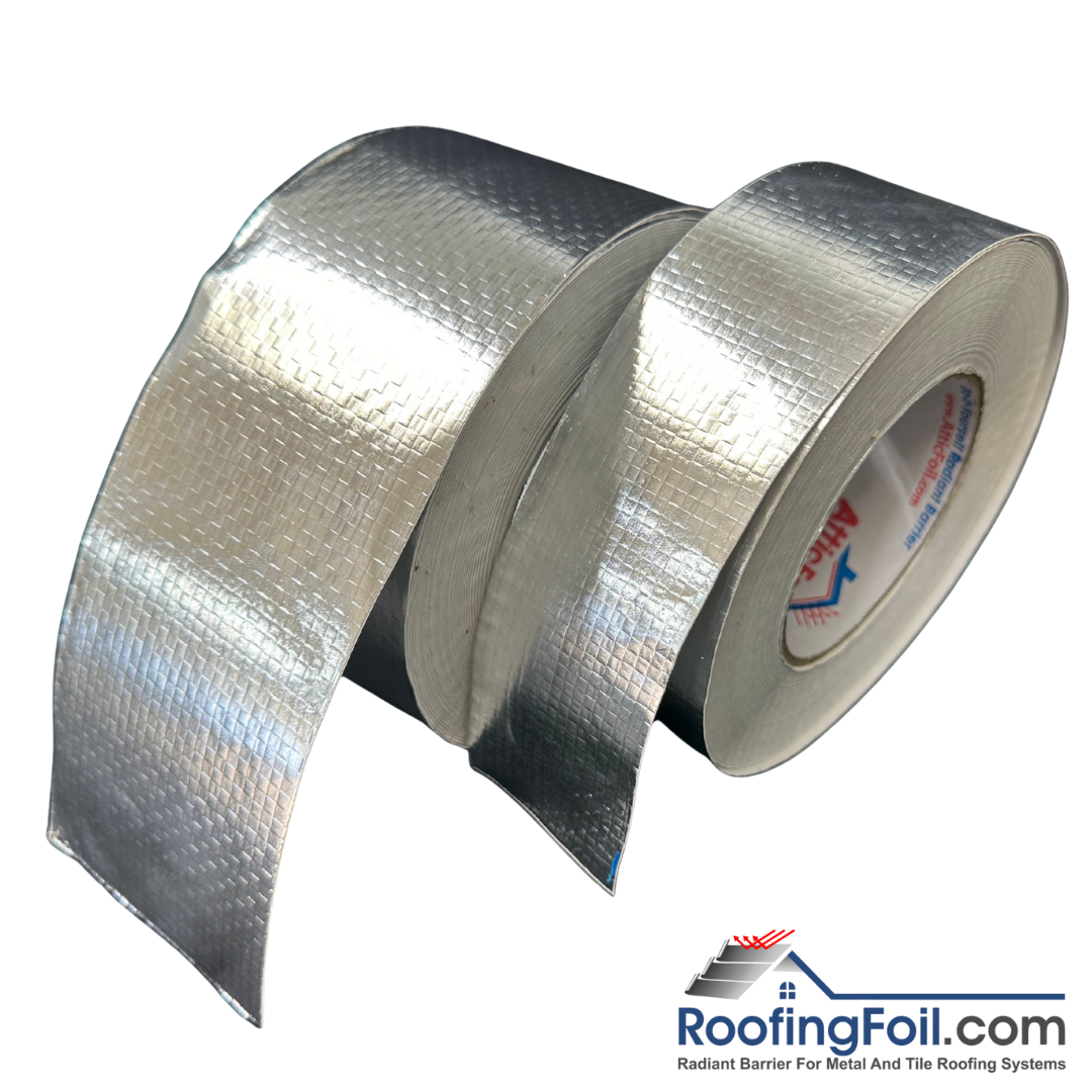 Two rolls of silver reflective tape with a brand logo on a white background