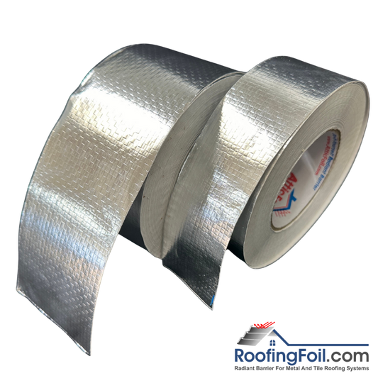 Two rolls of silver reflective tape with a brand logo on a white background