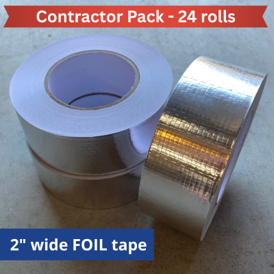 Rolls of foil tape on a concrete floor with text indicating 'Contractor Pack - 24 rolls' and '2" wide FOIL tape'.