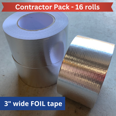 Rolls of 3-inch wide foil tape on a concrete surface with text indicating 'Contractor Pack - 16 rolls'.