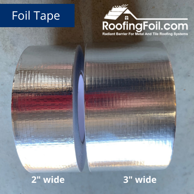 2 Rolls of foil tape with 'RoofingFoil.com' branding on a gray background