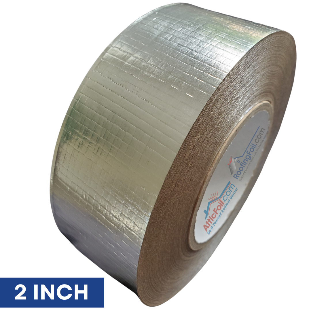 Roll of 2-inch wide foil seam vapor barrier tape with a brand label on a white background