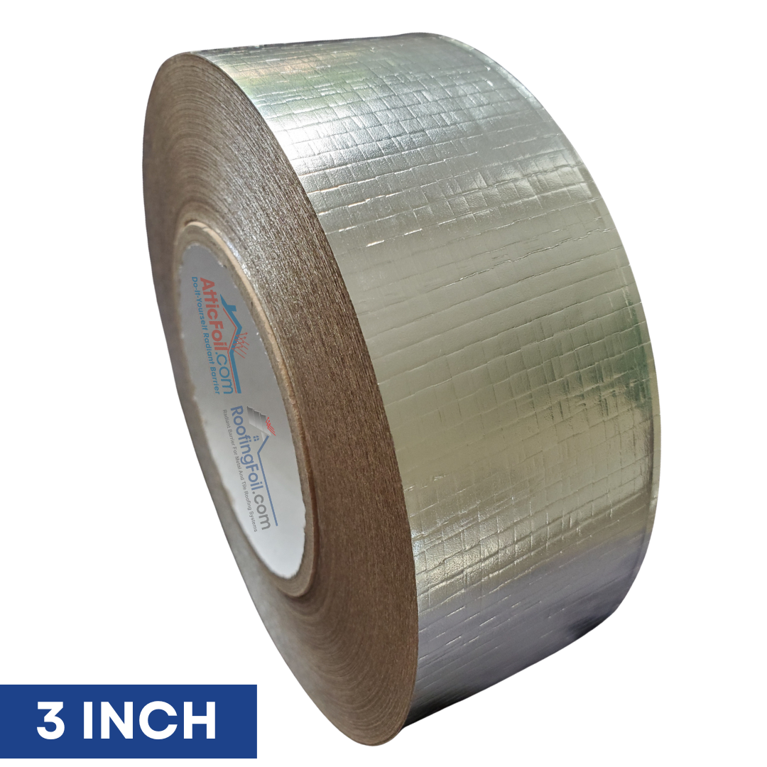 Roll of 3-inch wide foil seam vapor barrier tape with a brand label on a white background