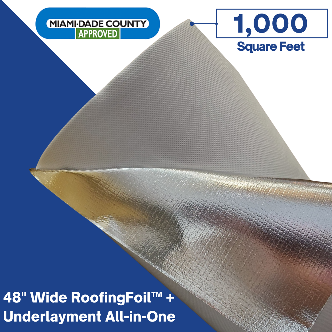 RoofingFoil roofing underlayment with text indicating Miami-Dade County approval and size on a blue background