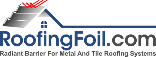 Logo for RoofingFoil.com with text about radiant barrier for metal and tile roofing systems.