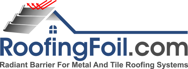 Logo for RoofingFoil.com with text about radiant barrier for metal and tile roofing systems.